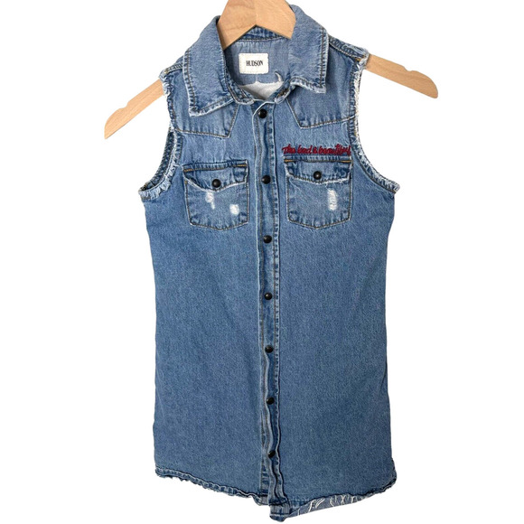 Hudson Bianca Snap Up Floral Embroidered Western Denim Dress Blue Girls, Medium - Picture 1 of 6